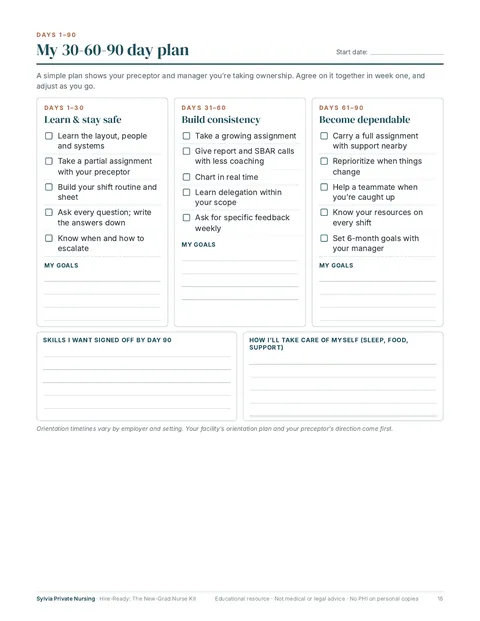 Kit page 'My 30-60-90 day plan' for a new graduate nurse's orientation