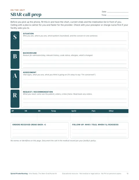 Kit page 'SBAR call prep', a fill-in template for situation, background, assessment and recommendation