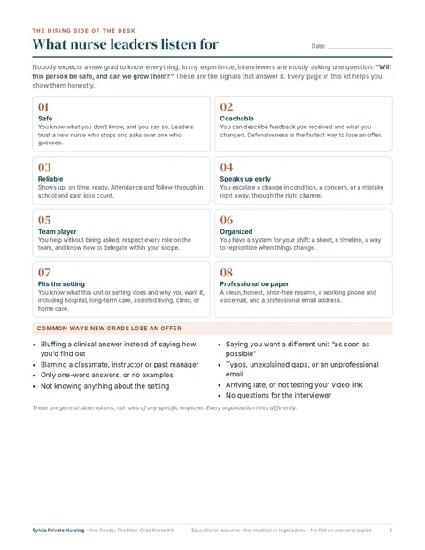 Kit page 'What nurse leaders listen for', listing 8 signals such as safe, coachable, reliable and team player